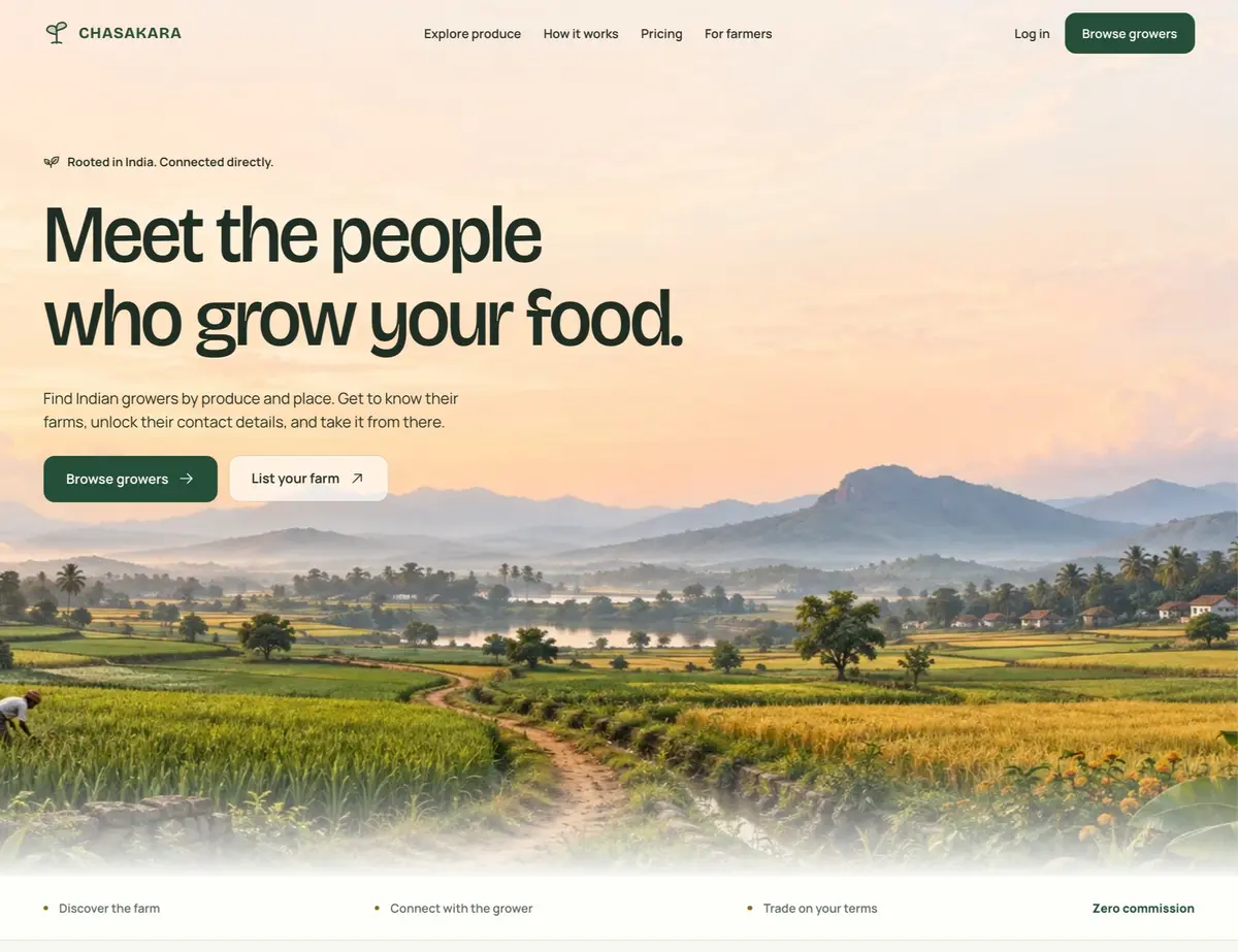 The Chashkara home page: a sunrise over Indian farmland under the heading Meet the people who grow your food