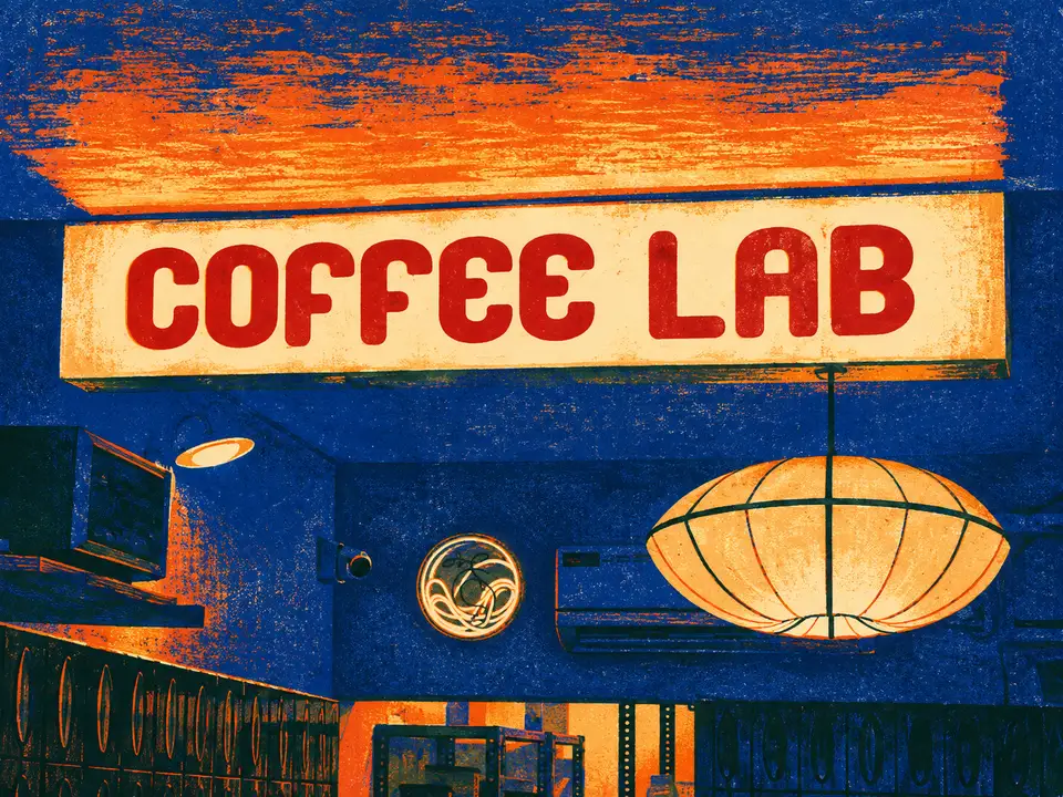 Painted interpretation: a red Coffee Lab sign and glowing paper lantern