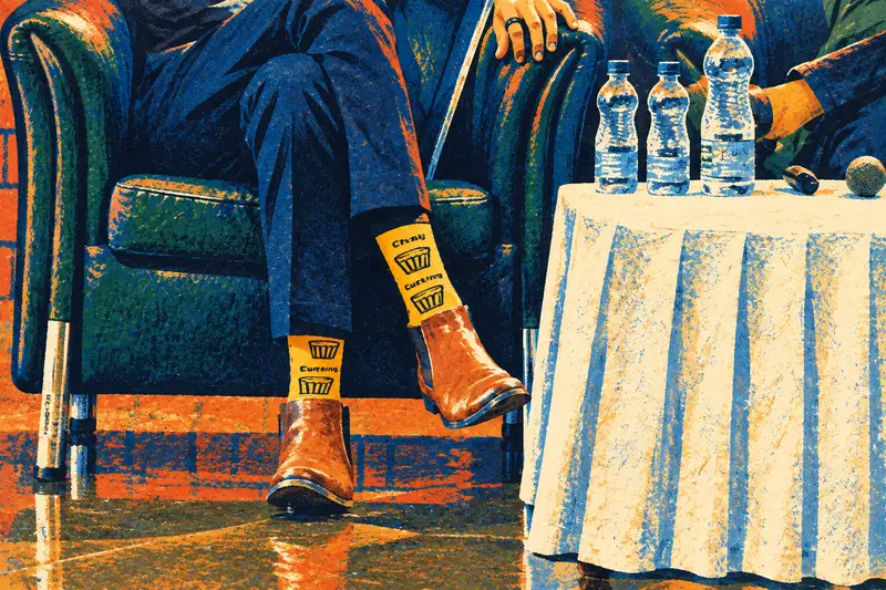 Painted interpretation: bright yellow socks and brown boots at a panel discussion