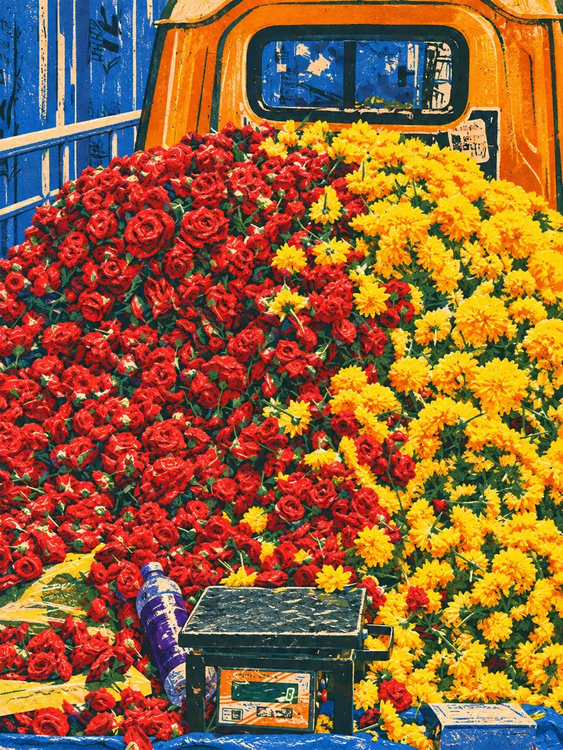 Painted interpretation: a flower cart overflowing with red roses and golden marigolds