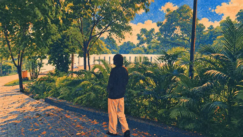A painted view of someone standing on a garden path, looking out over the trees
