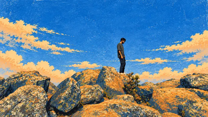 A painted view of someone standing alone on a rocky summit beneath a vast blue sky