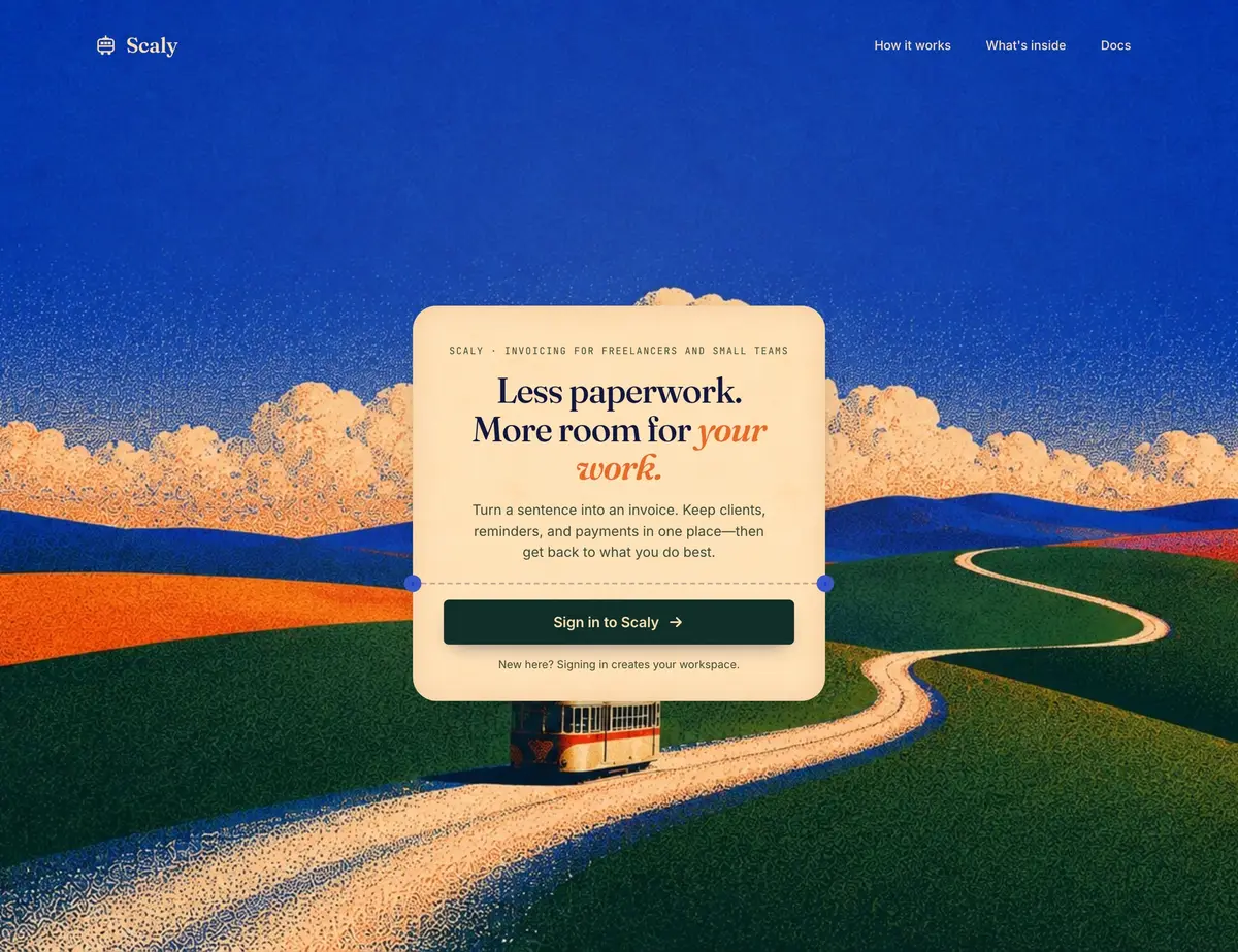 The scaly.site home page: a painted valley with a tram on a winding road, and a sign-in card over it