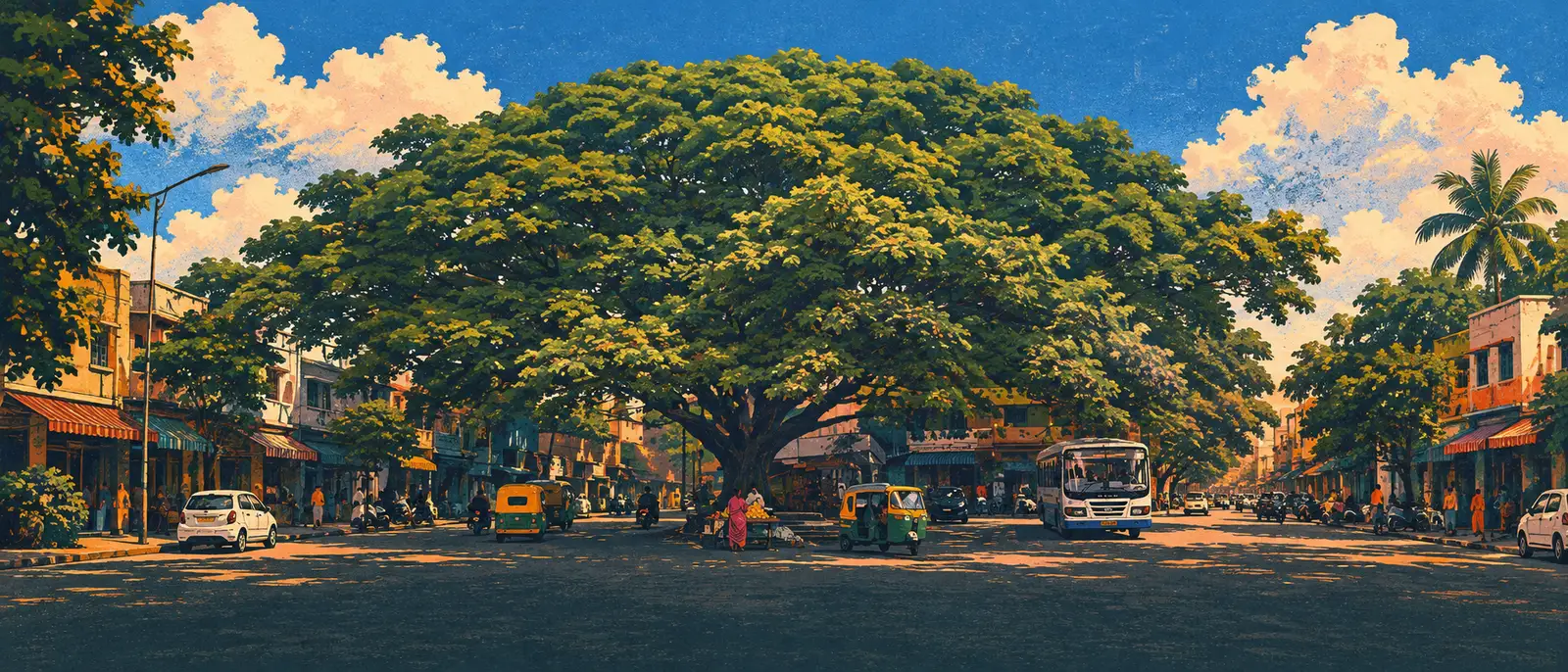 Painted interpretation: a broad green tree over a lively street, with blue sky and warm afternoon light
