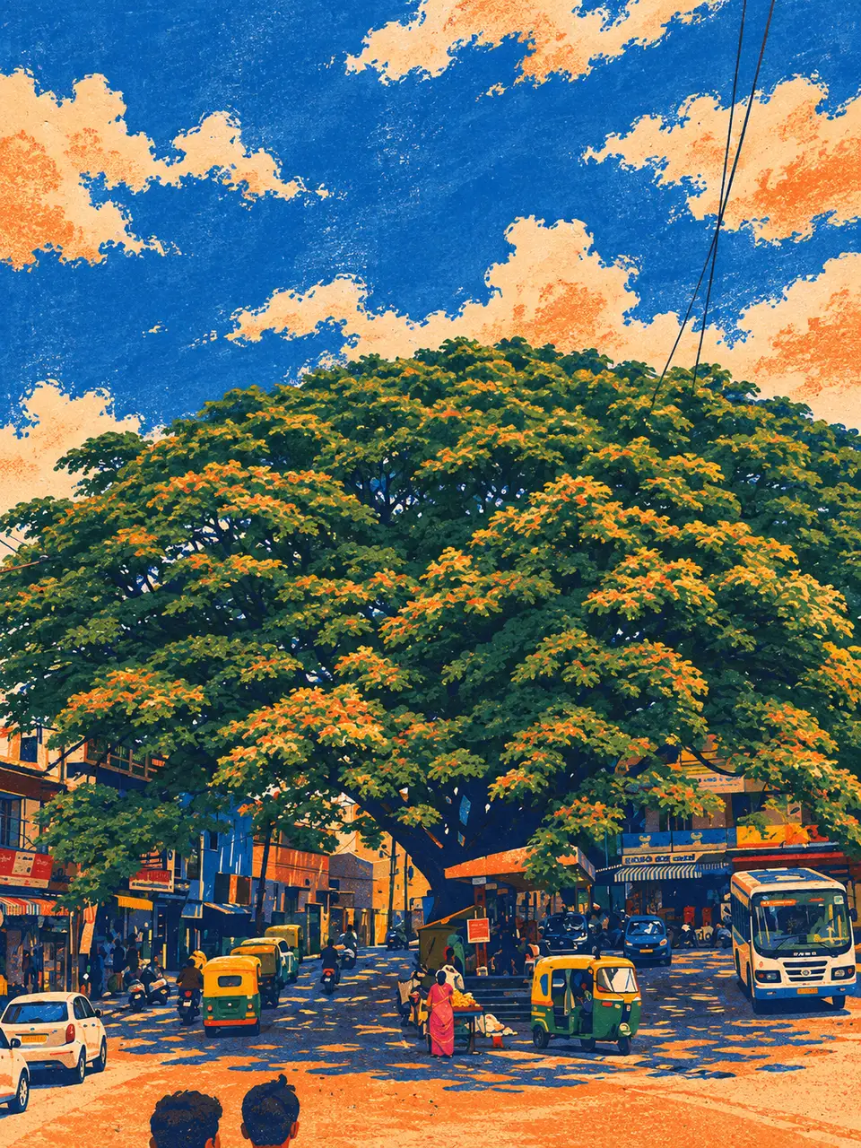 Painted interpretation: an enormous tree shading a neighborhood street